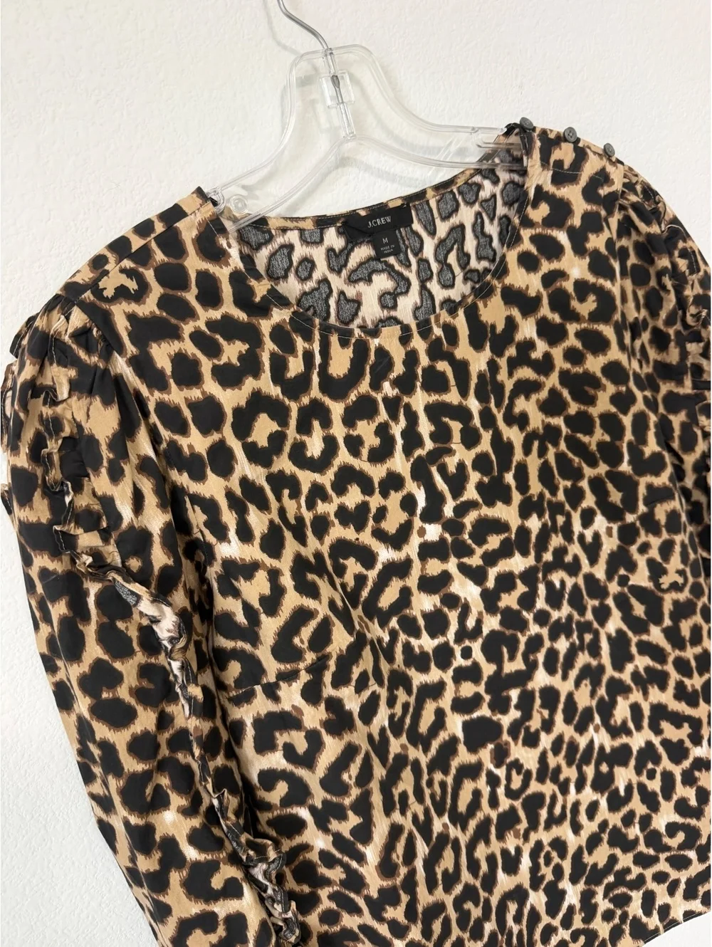 J. Crew Ruffled 3/4 Sleeve Round Neck Animal Print 100% Cotton Blouse Size M